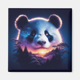 Aimant Panda Face avec Forêt Surréelle et coucher de sole