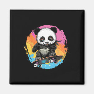 Aimant Panda sur skateboard fond coloré