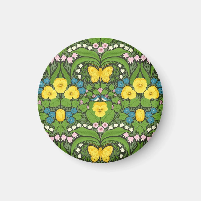 Aimant Pansies jaunes, oiseaux et papillons (Devant)