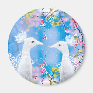 Aimant Paon blanc et sakura fleuri / Amour romantique