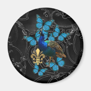 Aimant Paon élégant et papillons bleus sur le noir