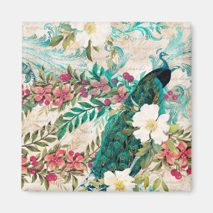Aimant Paon et fleurs illustrés antiques grunge