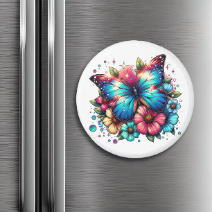Aimant Papillon bleu et fleurs