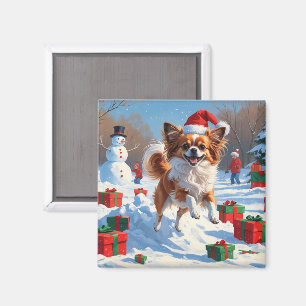 Aimant Papillon Chien courant dans la neige avec Casquett