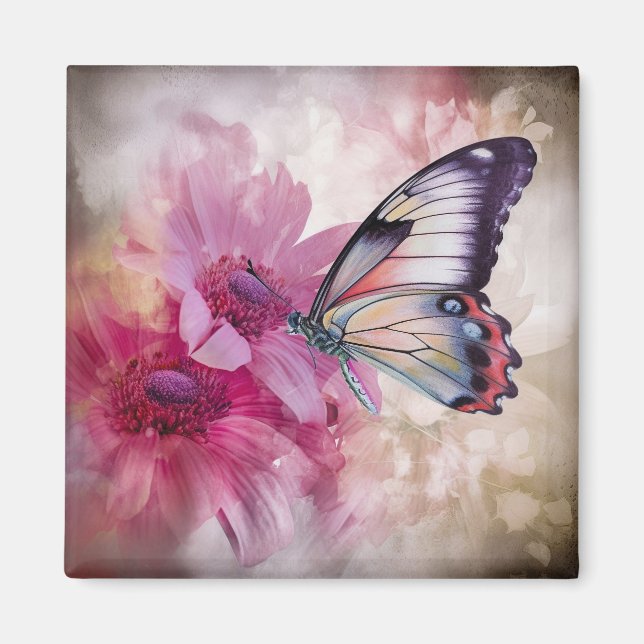 Aimant Papillon Dreamy aux fleurs roses (Devant)