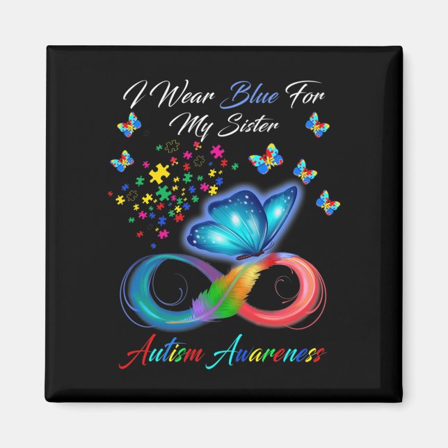 Aimant Papillon Je Porte Du Bleu Pour Ma Soeur Autisme (Devant)