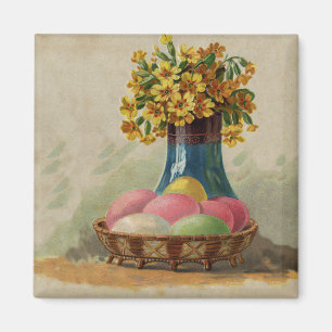 Aimant Pâques Panier Œufs Fleurs Antique