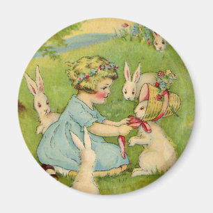 Aimant Pâques vintages, Bonnet fille sur lapin lapin