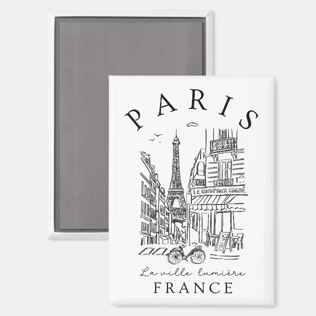 Aimant Paris France –  Sketch with Eiffel Tower & Café (Recto/Verso)