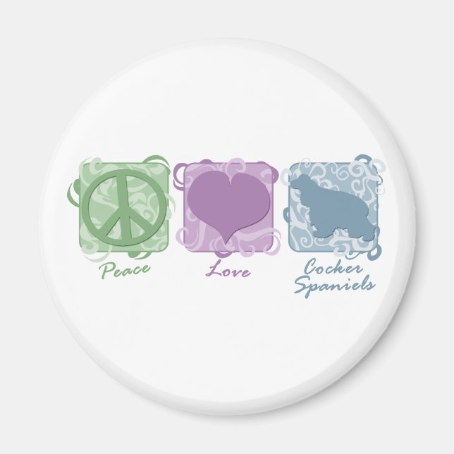Aimant Pastel Peace, Love and Cocker Spaniels (Devant)