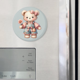 Aimant Pastel Teddy Bear Holding Flower Wear Overalls
