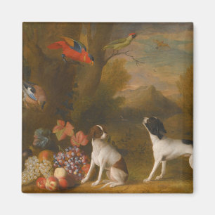 Aimant Paysage avec oiseaux exotiques et deux chiens