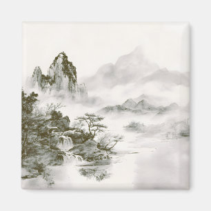 Aimant Paysage minimaliste de montagne zen encre brumeuse