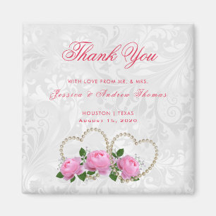 Aimant Pearl Hearts & Rose Mariage damassé Merci