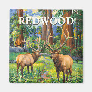 Aimant Peinture à l'huile vintage élan Redwood forêt Cali