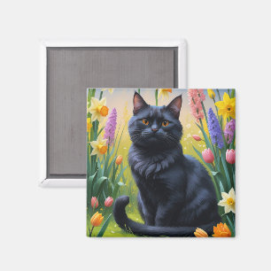 Aimant Peinture de fleurs de printemps de chats noirs