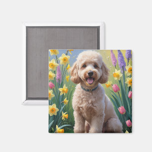 Aimant Peinture de fleurs printanières avec un chien cani