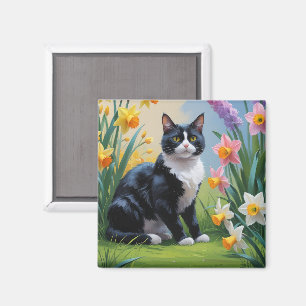 Aimant Peinture de fleurs printanières de chat smoking 