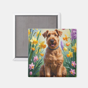Aimant Peinture de fleurs printanières de chien Airedale