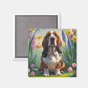 Aimant Peinture de fleurs printanières de chien Basset Ho