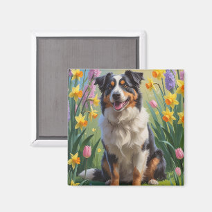 Aimant Peinture de fleurs printanières de chien berger au
