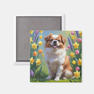 Aimant Peinture de fleurs printanières de chien Chin japo