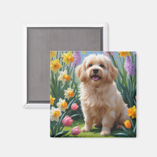Aimant Peinture de fleurs printanières de chien Coton De