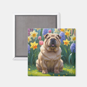 Aimant Peinture de fleurs printanières de chien Shar Pei
