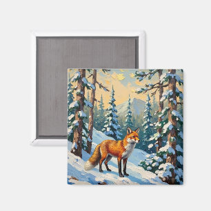 Aimant Peinture de Noël vintage renard dans les bois enne