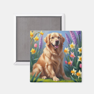 Aimant Peinture de printemps de chien d'or retriever