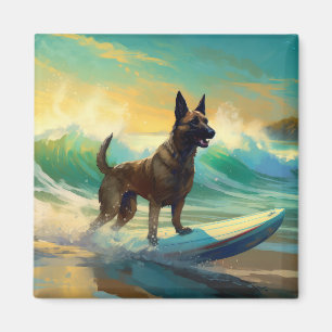 Aimant Peinture de Surf sur Plage avec Malinois Belge