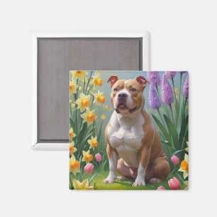 Aimant Peinture des fleurs de printemps de chien Pitbull