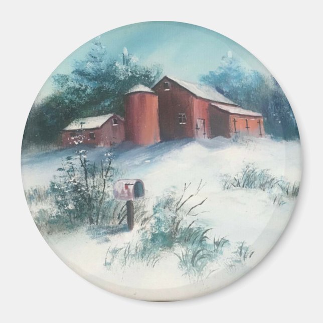 Aimant Peinture paysage neigeux Ferme rustique avec grang (Devant)