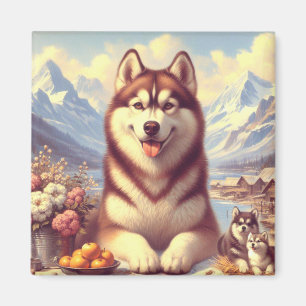 Aimant Peinture rétro Sibérienne Husky