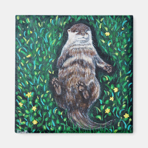 Aimant Peinture sur la loutre de rivière relaxante