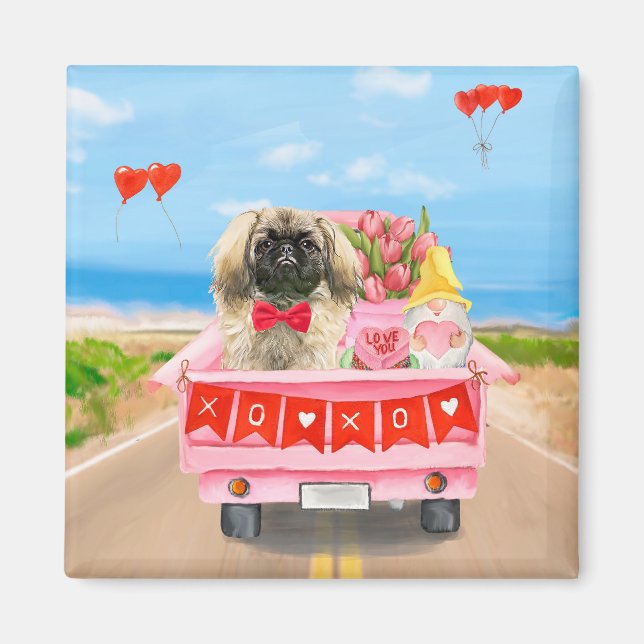 Aimant Pekingese Chien Saint Valentin Coeurs de Camion (Devant)