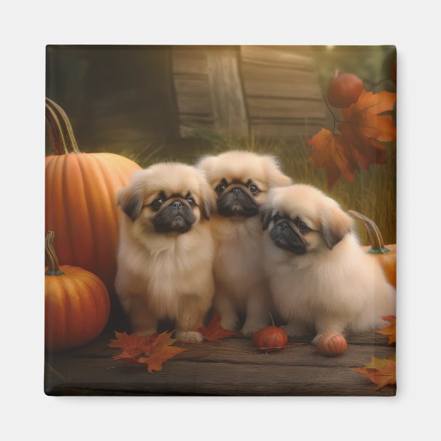 Aimant Pekingese Chiot Automne Citrouille délice (Devant)