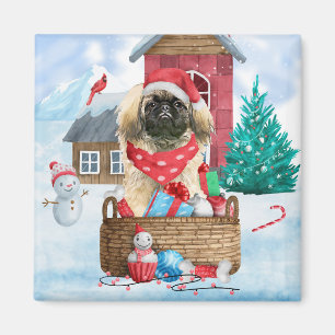 Aimant Pekingese Dog In snow Christmas Dog House