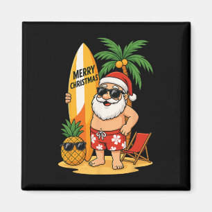 Aimant Père Noël drôle surfant la plage d'été Noël en jui