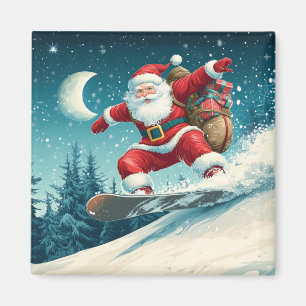 Aimant Père Noël livre des cadeaux de Noël sur snowboard