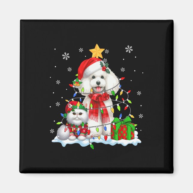 Aimant Père Noël Poodle avec Elf Chat Feux de Noël Propri (Devant)
