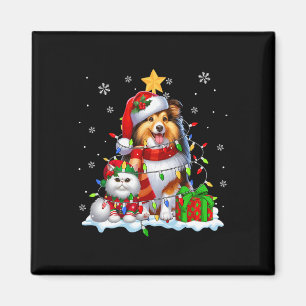 Aimant Père Noël Sheltie avec Elf Cat Noël Lumières Propr