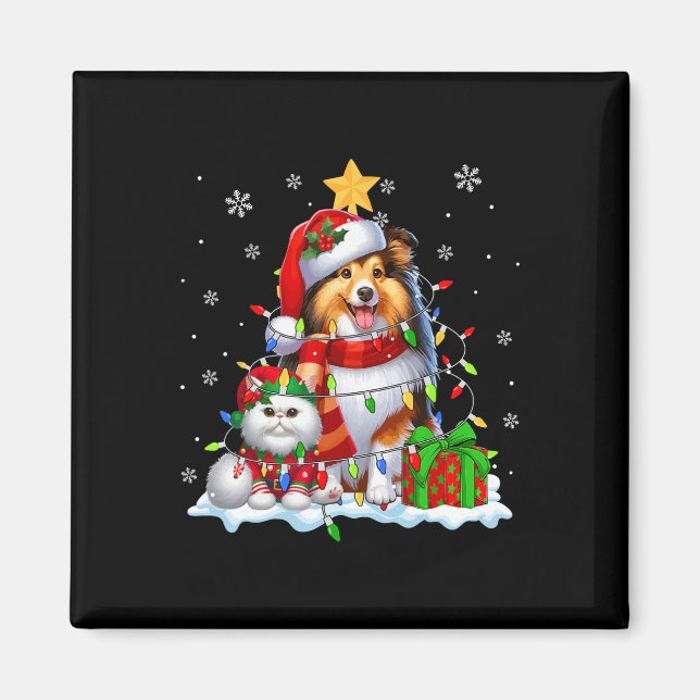 Aimant Père Noël Sheltie avec Elf Cat Noël Lumières Propr (Devant)