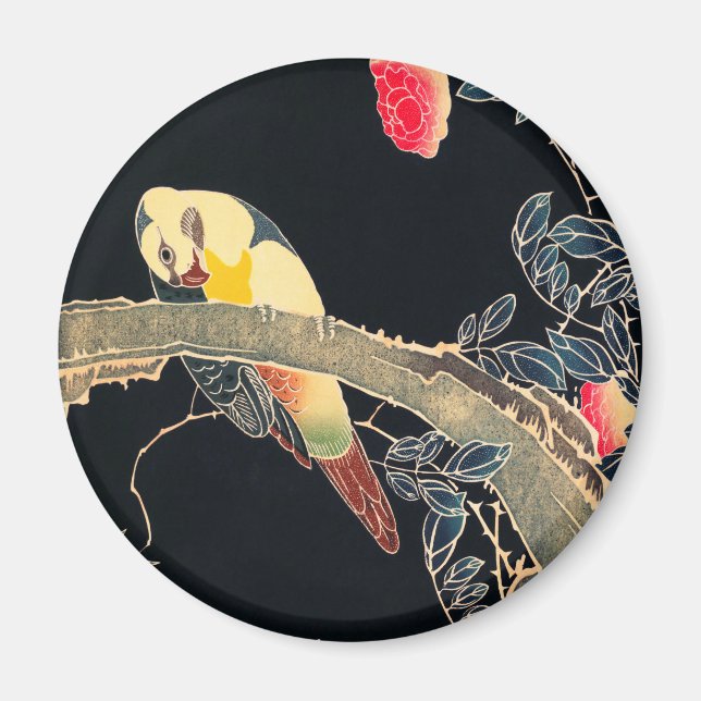 Aimant Perroquet sur la branche d'un Rose en fleurs Bush (Devant)