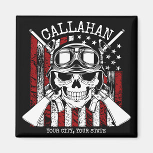 Aimant Personalized NAME Soldier Skull Dual Guns USA Flag