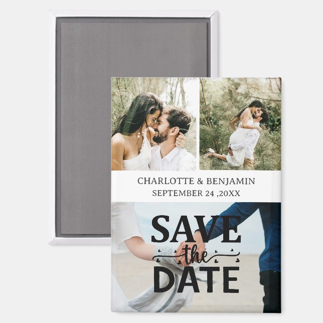 Aimant Personnalisé 3 Mariage Photo Enregistrer La Date (Recto/Verso)