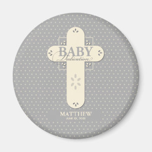 Aimant Personnaliser, Dédication bébé Crème et Croix gris