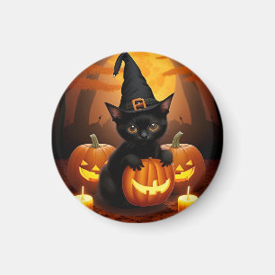 Aimant Petit chat noir avec chapeau de sorcière parmi les