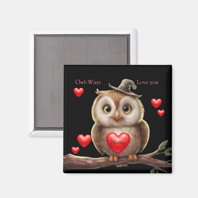 Aimant Petite chouette drôle avec amour Coeurs (Recto/Verso)