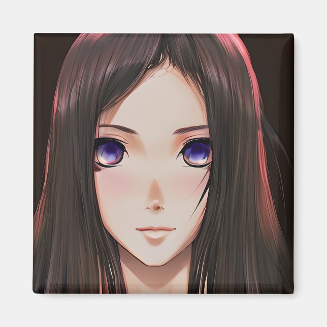 Aimant Petite fille Anime avec cheveux Brown et yeux bleu (Devant)